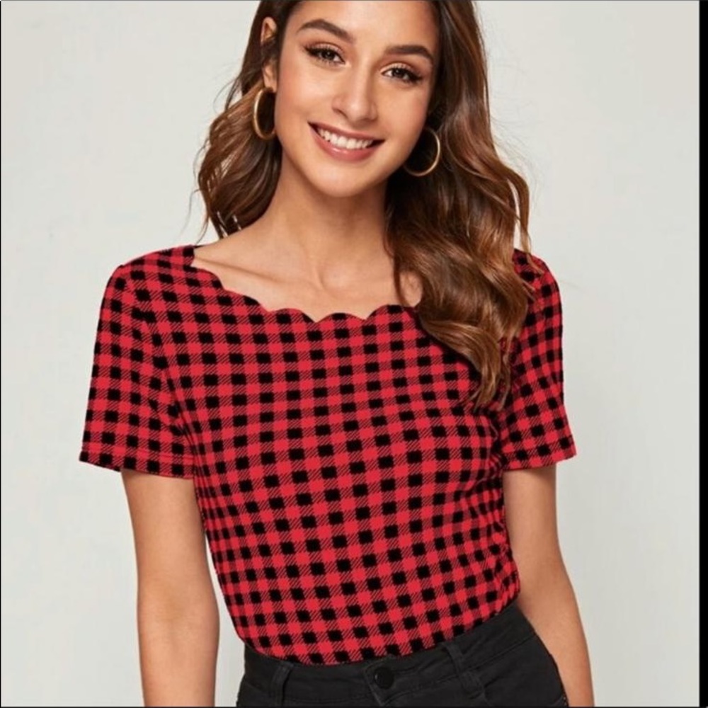 Scallop Neck Gingham Top